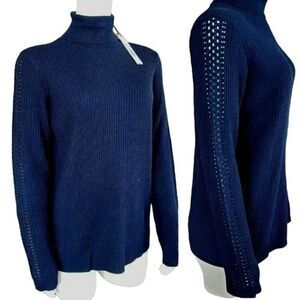 NWT $248 Elie Tahari M Sweater Maelee Navy Ribbed Pointelle Perforated Sleeves